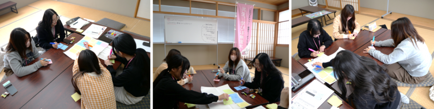 左:4名がテーブルの上に置かれた資料に書き込んでいる様子の写真中:ホワイトボードが置かれた室内でテーブルに置かれた資料を見ながら話合いを行っている様子の写真右:付箋にそれぞれ書き込んでいる様子の写真