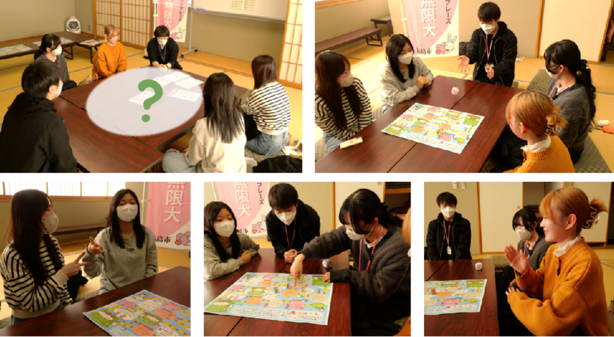 上段左:長テーブルを3脚を組み合わせてその周りを6名が囲んで座り、資料が置かれたテーブル台の上を?マークとともに白い背景で隠されている写真上段右:テーブルの上にすごろくの紙を置き、真ん中の参加者がさいころを転がしている写真下段左:女性2名がじゃんけんをしている様子の写真下段中:すごろくの紙の前で一人の女性が指をさしている写真下段右:1人の女性が手話のようなポーズをとっている写真