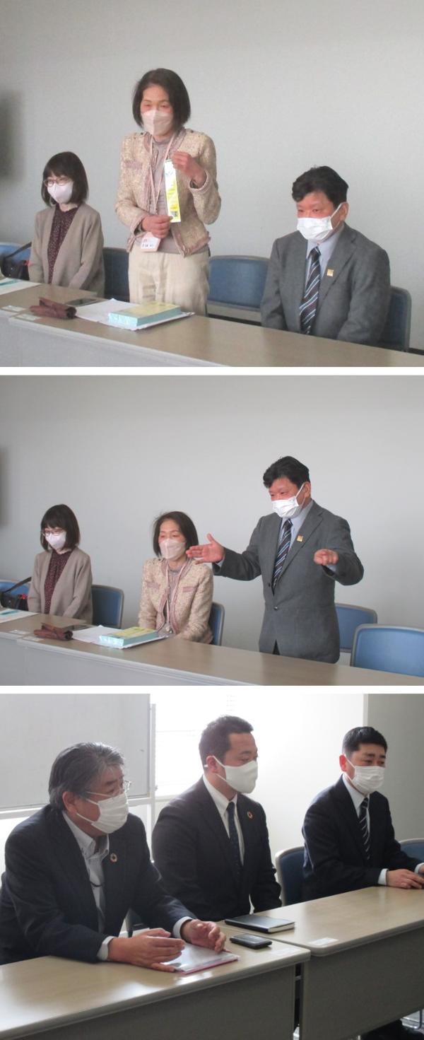 「上」横並びに並んでいる関係者のうち佐藤玲子さまが立って挨拶をしている写真、「中」横並びで座っている関係者のうち蔭山さまが立って挨拶をしている写真、「下」横並びに座っているセブンイレブン関係者3名の写真