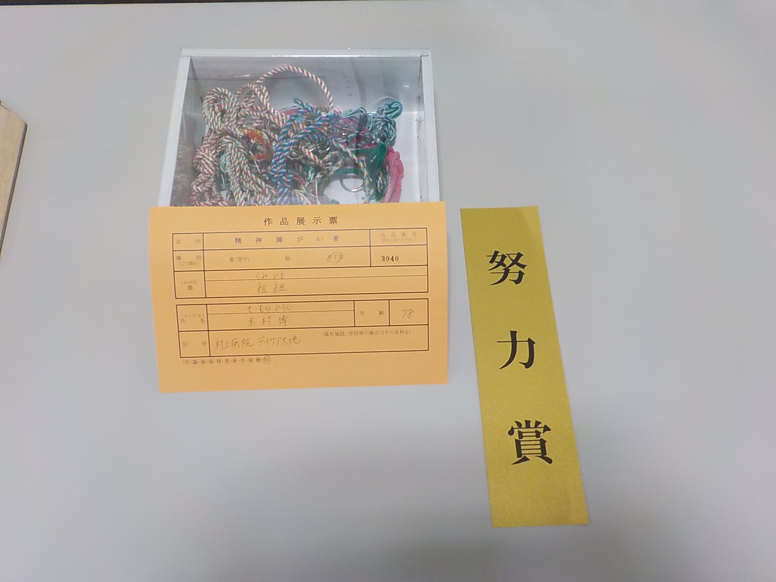 四角形の箱の中に赤や緑、白の紐で作られた組紐が展示された努力賞受賞作品の写真