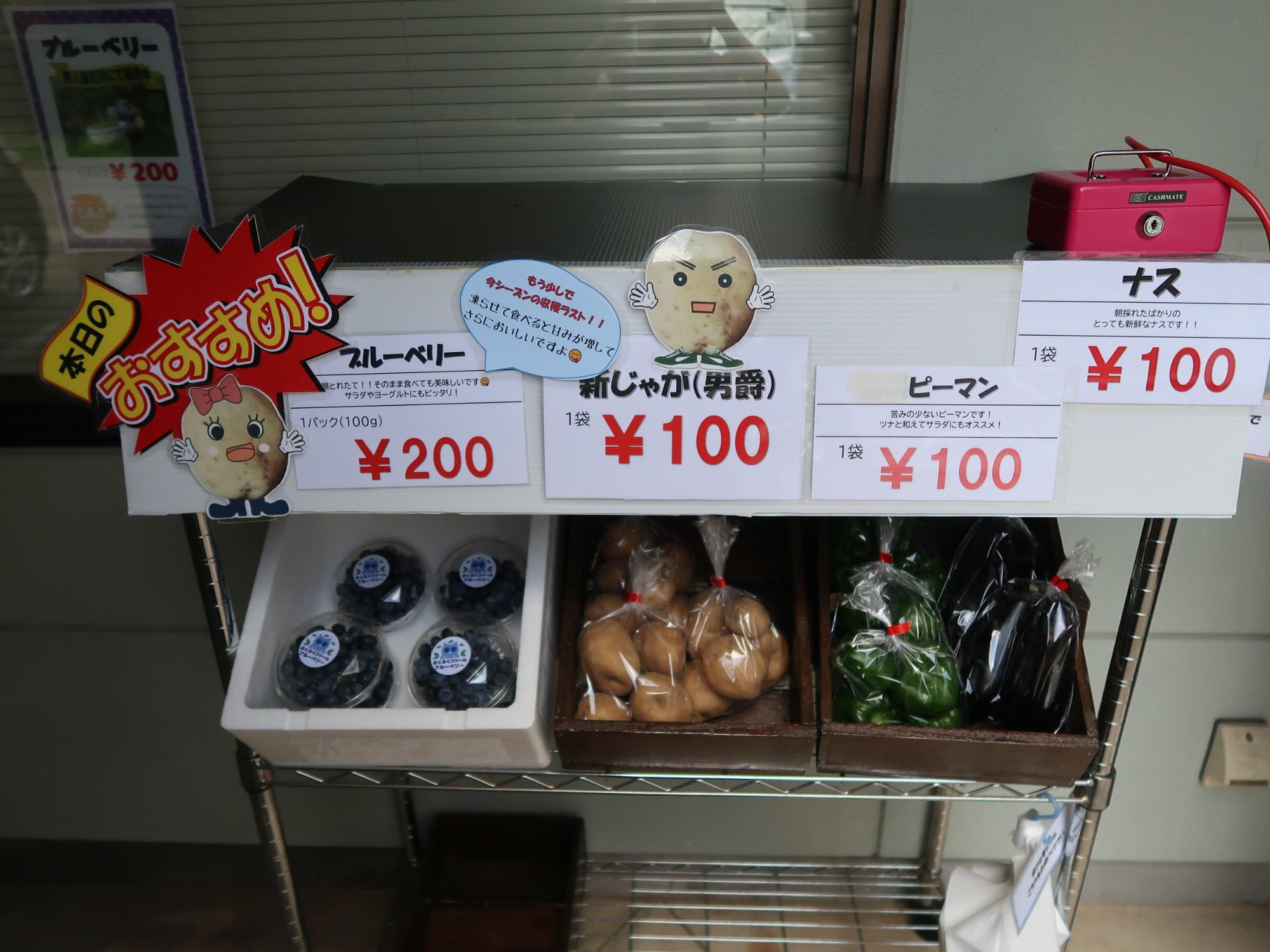 手作りのポップが設置されたカゴの中にジャガイモやナスなどの野菜が並んでいる無人販売所の写真