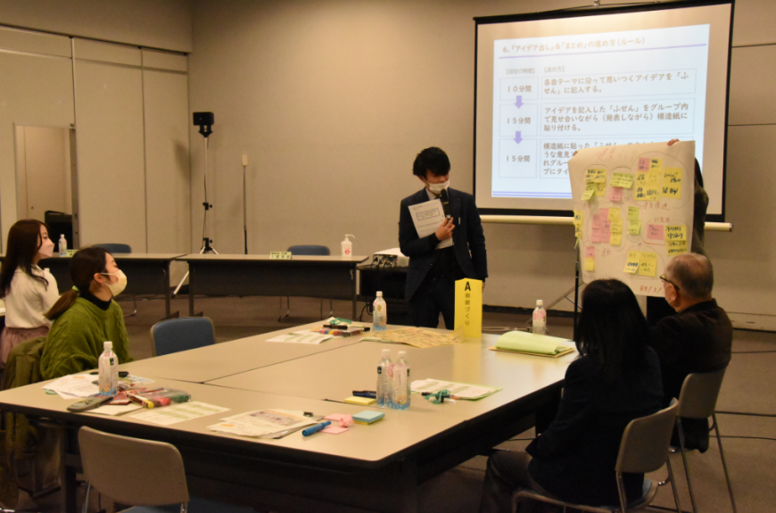 意見を付箋に書き出し模造紙に貼った資料を元に話し合いが行われている様子の写真