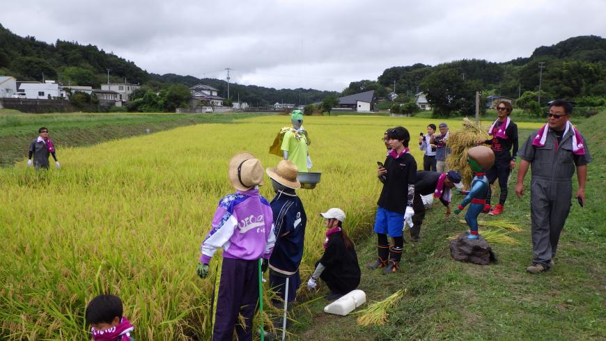 稲刈り前の田んぼに沢山の参加者が集まる様子の写真