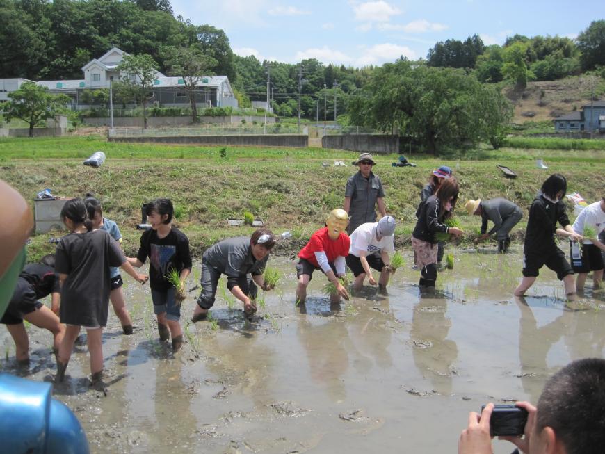 お面をかぶった方3名と参加者が水の入った田んぼに足を入れ中腰になって田植えをする様子の写真
