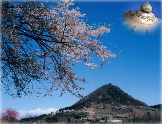 桜の木の奥に山が見え、右上にUFOのイラスト