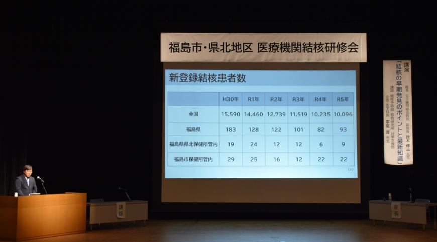 「福島市・県北地区医療機関結核研修会」と書かれた横断幕の下に患者数の表が映し出された大きなスクリーンが設置され、左側に設置された壇上でスーツ姿の男性が説明を行っている写真