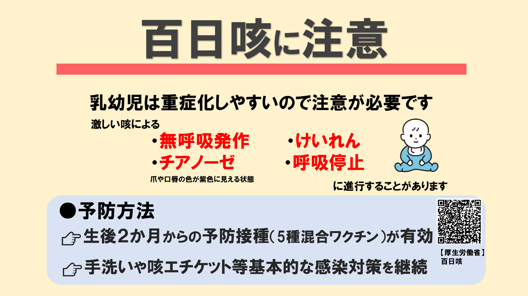 乳幼児は重症化しやすいので注意が必要です。百日咳は、激しい咳による無呼吸発作、けいれん、爪や口唇の色が紫色に見えるチアノーゼ、呼吸停止に進行することがあります。