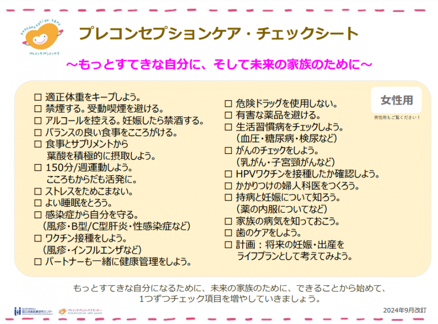プレコンセプションケア・チェックシート(女性用)