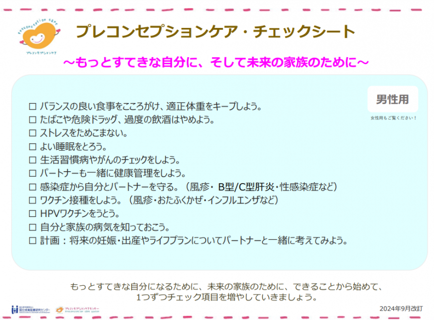 プレコンセプションケア・チェックシート(男性用)