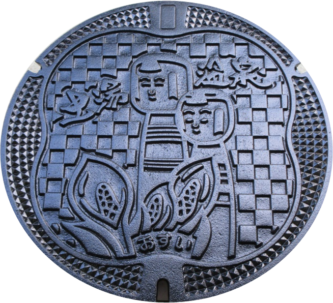 水芭蕉と土湯こけしが描かれたマンホールデザイン