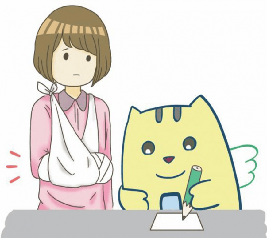 めいすいくんが腕をけがしている女性の代理投票をしているイラスト