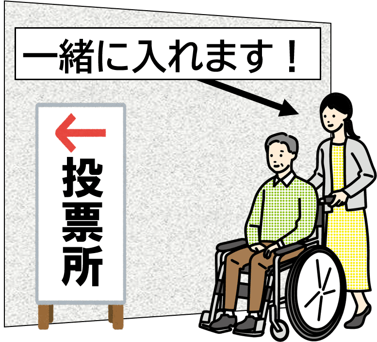 車いすの男性を女性が同伴して投票場にはいろうとしているイラスト