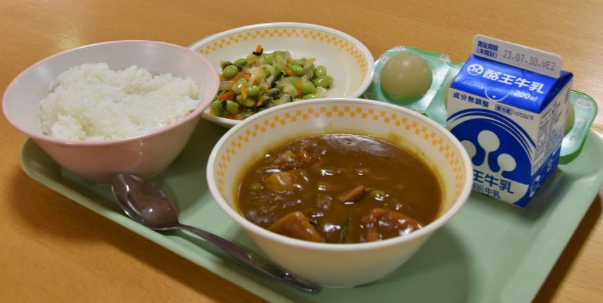 薄緑のトレイに置かれた、ごはん、夏野菜カレー、牛乳、かみかみ和風サラダ、ゼリーの写真
