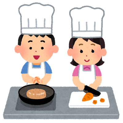 調理服を着た男性と女性が料理をするイラスト