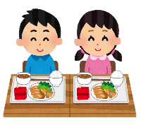 給食がのったテーブルの席に並んで座る男女のイラスト