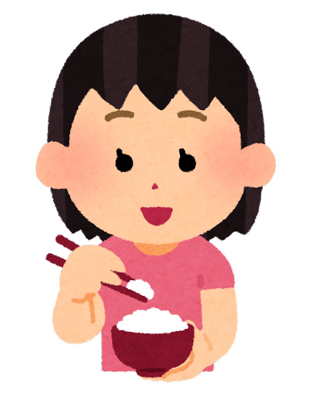 女性がお茶碗を持って箸でご飯を食べるイラスト