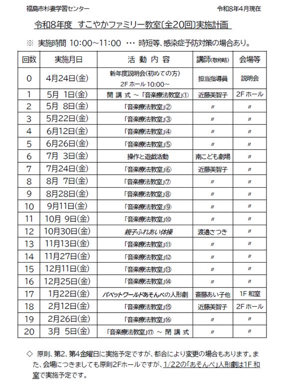 令和8年度すこやかファミリー教室実施計画