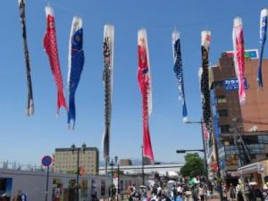 青空の下、広場にたくさんの赤、青、黒の鯉のぼりが展示され、多くの人が眺めている写真
