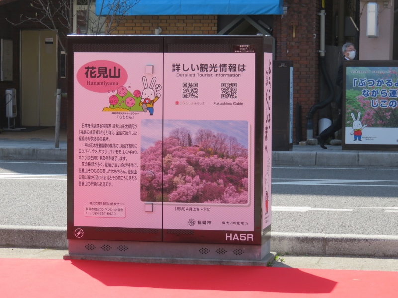 配電用地上機器に花見山の説明やイラストと、ピンク色に咲いた桜の写真がラッピングされている写真