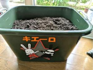 土が入った側面に2匹のウサギのイラストとオレンジ色で「キエーロ」と書かれた緑色の容器の写真