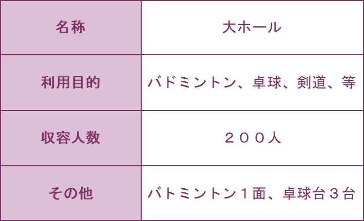 大ホールの詳細の表