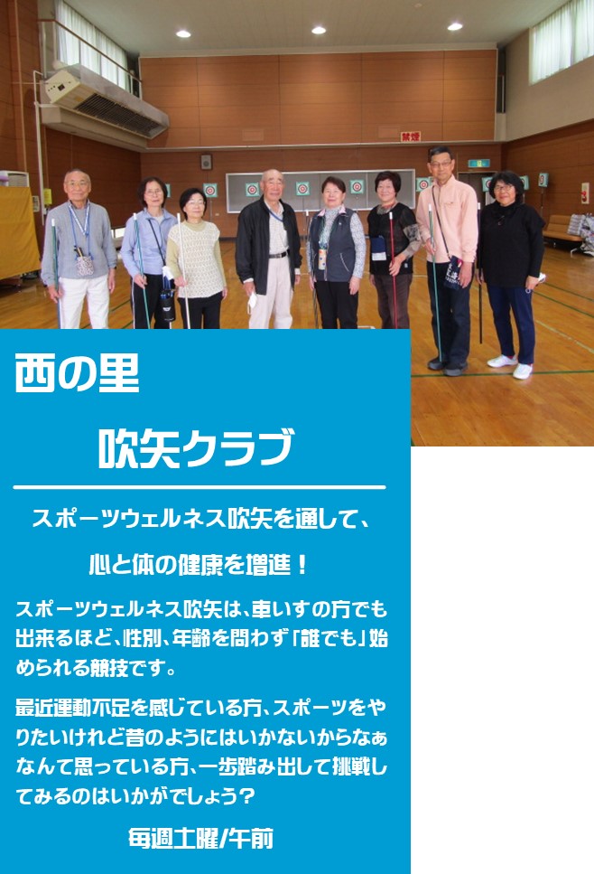 吹き矢をもって8名の人たちが1列に並んでいる西の里吹矢クラブの紹介写真