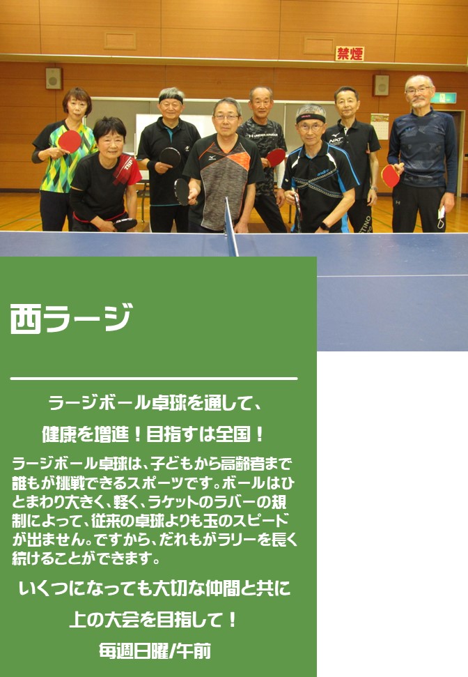 卓球台の後ろに8名の人が並んでいる西ラージの紹介写真