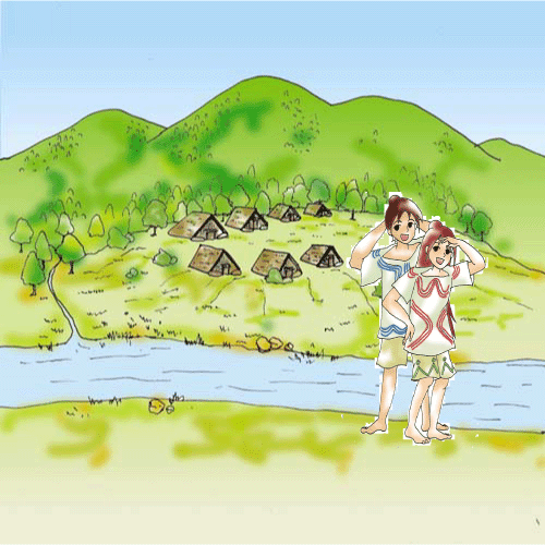 自然の恵みの中で生きていた宮畑縄文人のようすを表したイラスト。