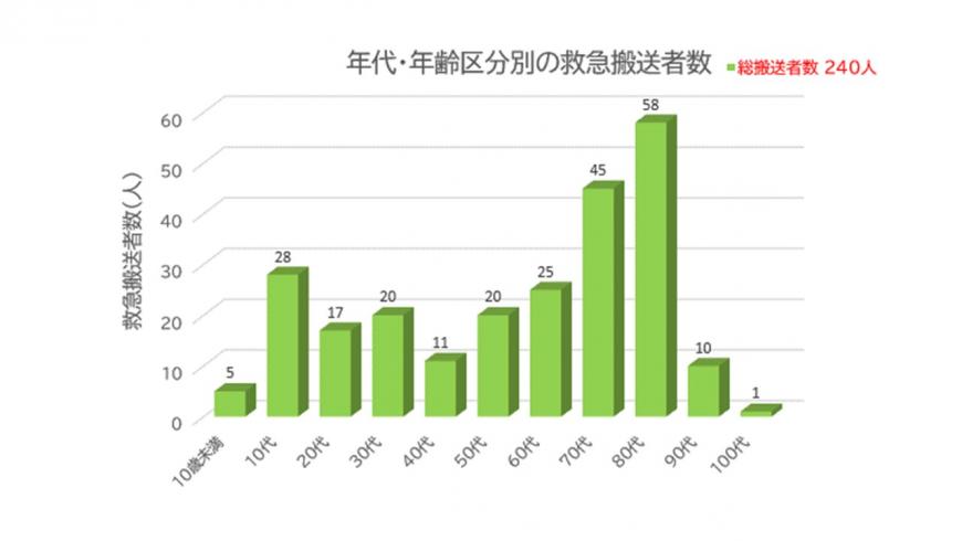 年代・年齢区分別の救急搬送者数の棒グラフ