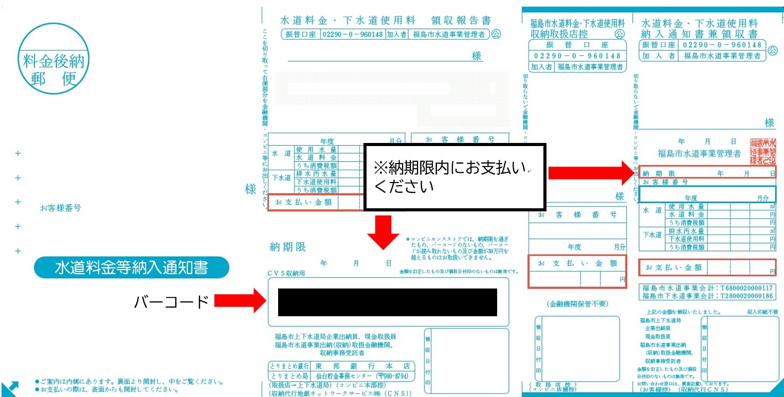バーコード欄と納期限欄に赤い矢印が記載されており、吹き出しで「納期限内にお支払いください」と書かれいる納入通知書見本画像