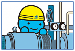 大きな配管やバルブ、圧力計などが並ぶ施設で作業をしている黄色いヘルメットをかぶったキャラクターのイラスト
