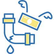 壊れる水道管とそれに伴いお金が無くなっていく様子を表したアイコン