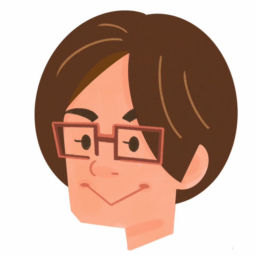 四角の縁をしたメガネで茶色ので前髪を真ん中で分けている男性の顔のイラスト