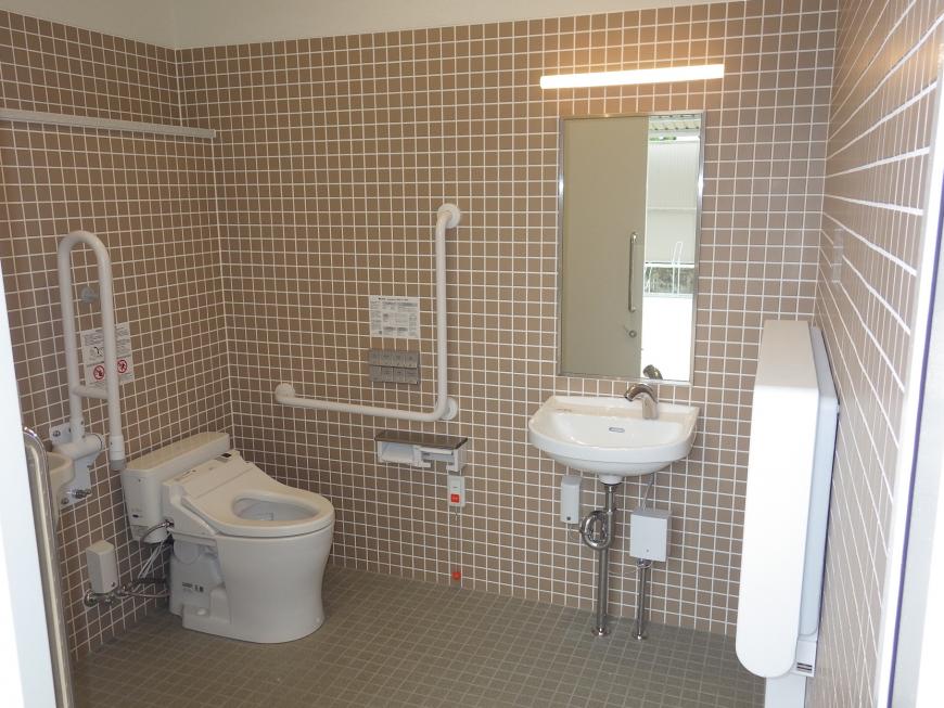 ベージュ色の壁で手すりが設けられた洋式トイレや長方形の鏡がある手洗い場が設置されたバリアフリートイレ内の写真