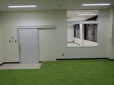 左側に室内への出入り口、右側に隣の部屋が見渡せる大きな窓が設けられた緑色の床の部屋の写真