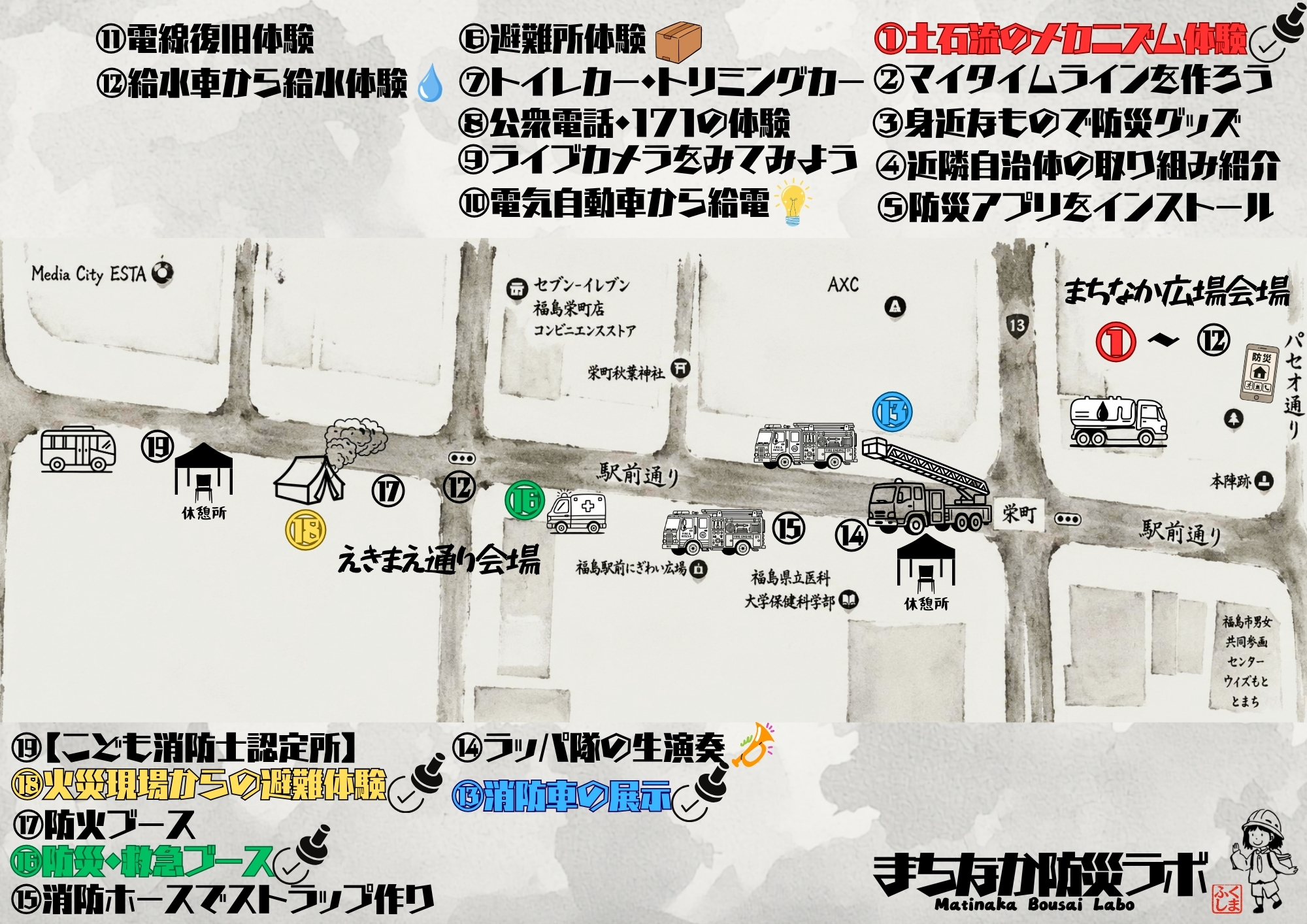 まちなか防災ラボinふくしまの駅前通りブース案内図