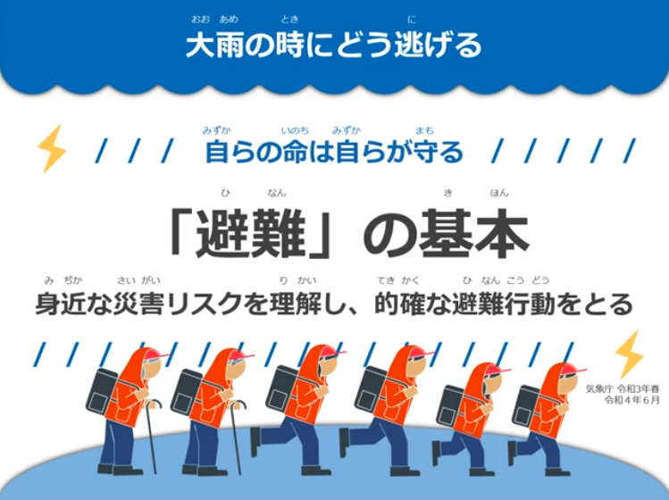 大雨の時にどう逃げる 自らの命は自らが守る「避難」の基本 身近な災害リスクを理解し、適格な避難行動をとるとかかれたホームページの画面（eラーニング「大雨の時にどう逃げる」のサイトへリンク）