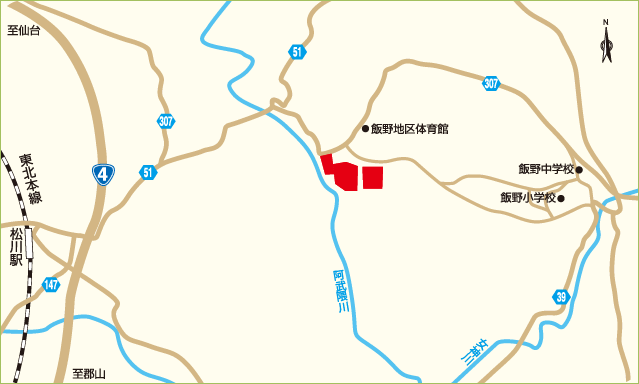 飯野工業団地の位置が赤色で示された地図