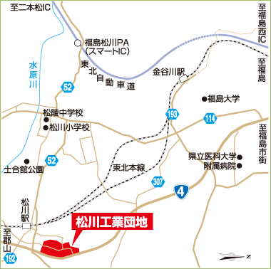 松川工業団地の位置が赤色で示された地図
