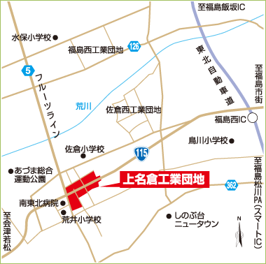 上名倉工業団地の位置が赤色で示された地図