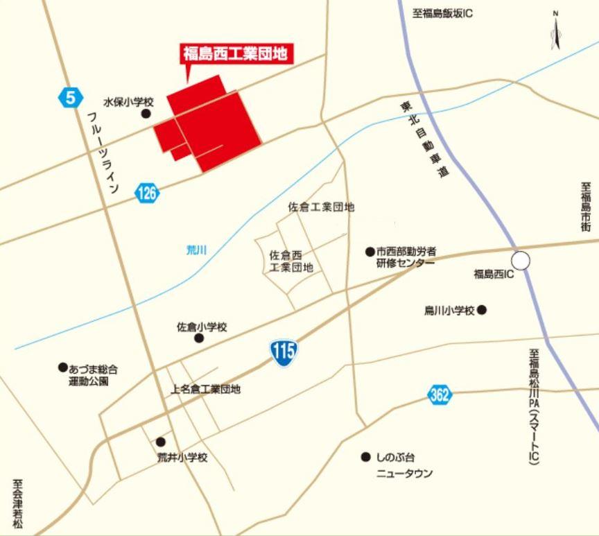 福島西工業団地の位置が赤色で示された地図
