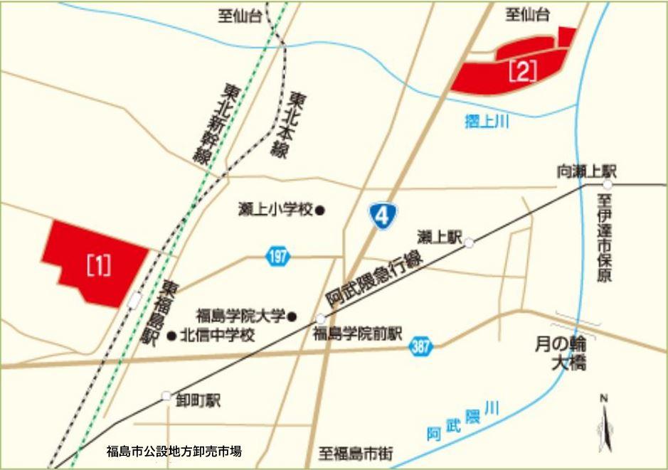 北福島地区の位置が赤色で示された地図