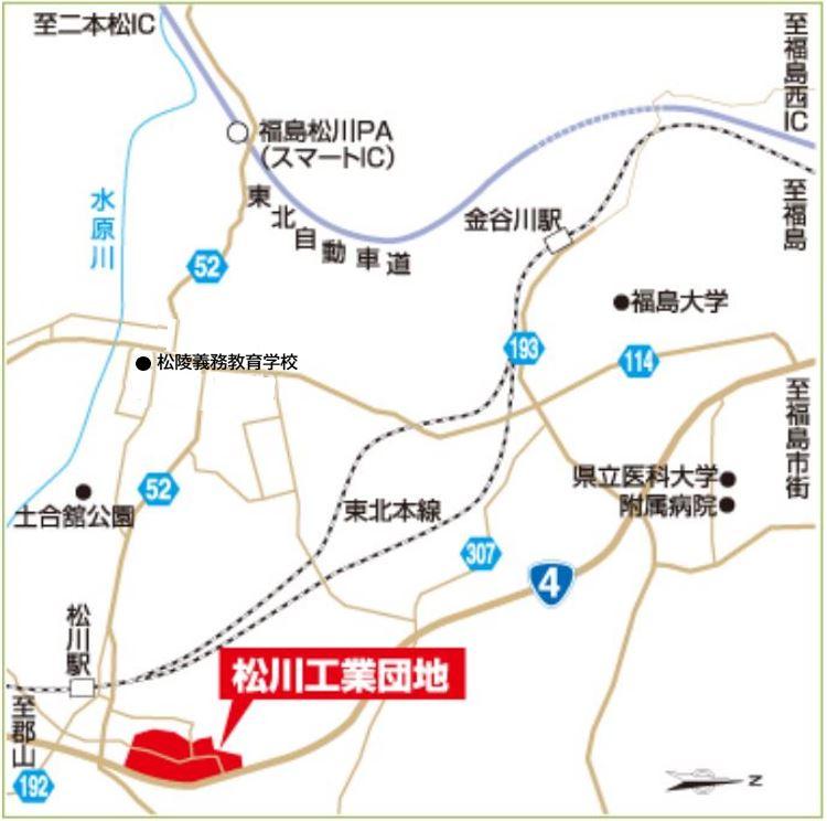 松川工業団地の位置が赤色で示された地図