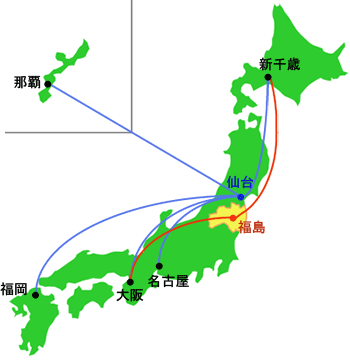 日本各地の空港から仙台空港までの空路と福島市の位置図