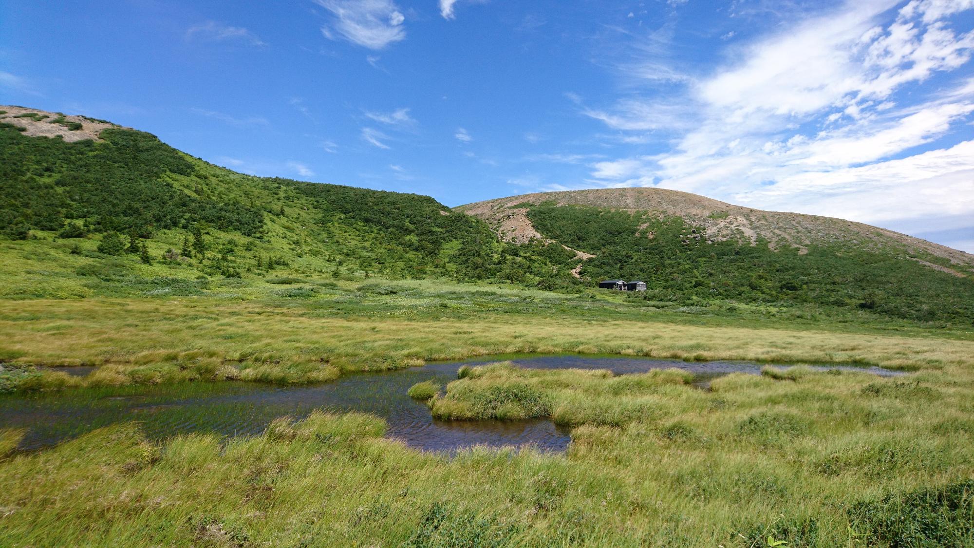 草や木々に覆われた低山の麓に沼がある浄土平の写真