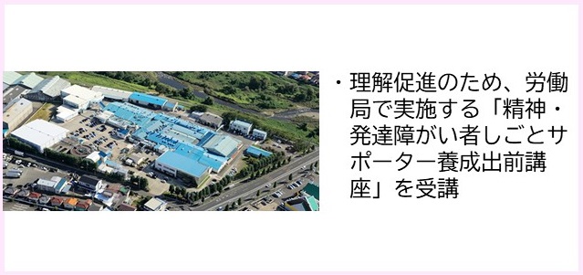 ・理解促進のため、労働局で実施する「精神・発達障がい者しごとサポーター養成出前講座」を受講（広い敷地内に建つ水色の屋根の建物を上空から撮影した写真）