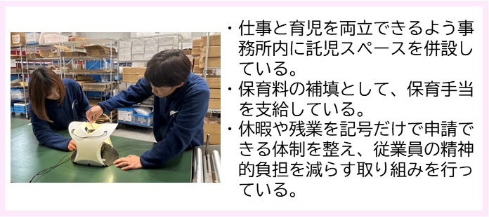 ・仕事と育児を両立できるよう事務所内に託児スペースを併設している。・保育料の補填として、保育手当を支給している。・休暇や残業を記号だけで申請できる体制を整え、従業員の精神的負担を減らす取り組みを行っている。（段ボールが置かれた棚が並んだ室内の台の上に置かれた全体が薄黄色で曲線を帯びた機器を紺色の作業着を着た2名の社員が囲み、上部の中央がへこんだ中に何かを入れようとしている写真）