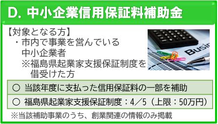 創業支援メニューチラシ（裏面）D.中小企業信用保証料補助金（中小企業信用保証料補助金のページへリンク）
