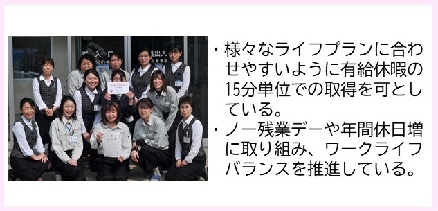 ・様々なライププランに合わせやすいように有給休暇の15分単位での取得を可としている。・ノー残業デーや年間休日増に取り組み、ワークライフバランスを推進している。（建物の前で作業服を着た女性や制服姿の女性たちが3列に並び、前列中央の女性が認定証を持ち、2列目中央の女性がプレートをを持って並んでいる写真）
