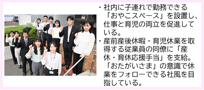 ・社内に子連れで勤務できる「おやこスペース」を設置し、仕事と育児の両立を促進している。・産前産後休暇・育児休業を取得する従業員の同僚に「産休・育休応援手当」を支給。「おたがいさま」の意識で休業をフォローできる社風を目指している。（建物の入口前の階段下に5名、階段上に6名の社員が2列に並びガッツポーズをしてカメラを向いている写真）
